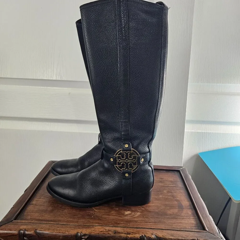 Tori Burch Amanda Knee High Harness Riding Boots Black Pebbled Leather Size 6.5